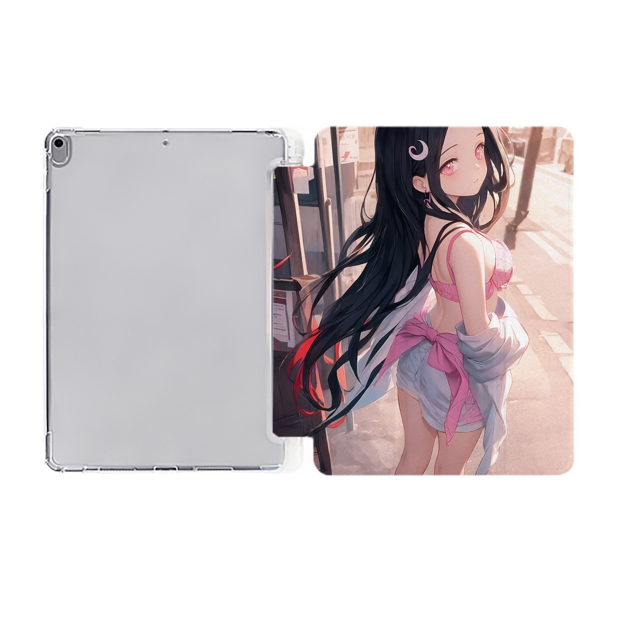（画像用） 鬼滅の刃（きめつのやいば）竈門 禰󠄀豆子／かまど ねずこ Kamado Nezuko IPad ケース ペン収納付き 三つ折りスタンド PUレザー×シリコン 対応機種9.5/10.5/10.9インチ